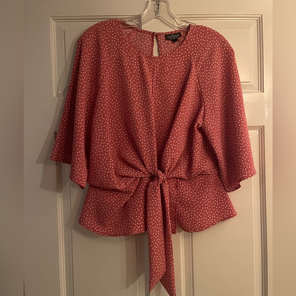 Topshop pink polka dot blouse- size 8 petite